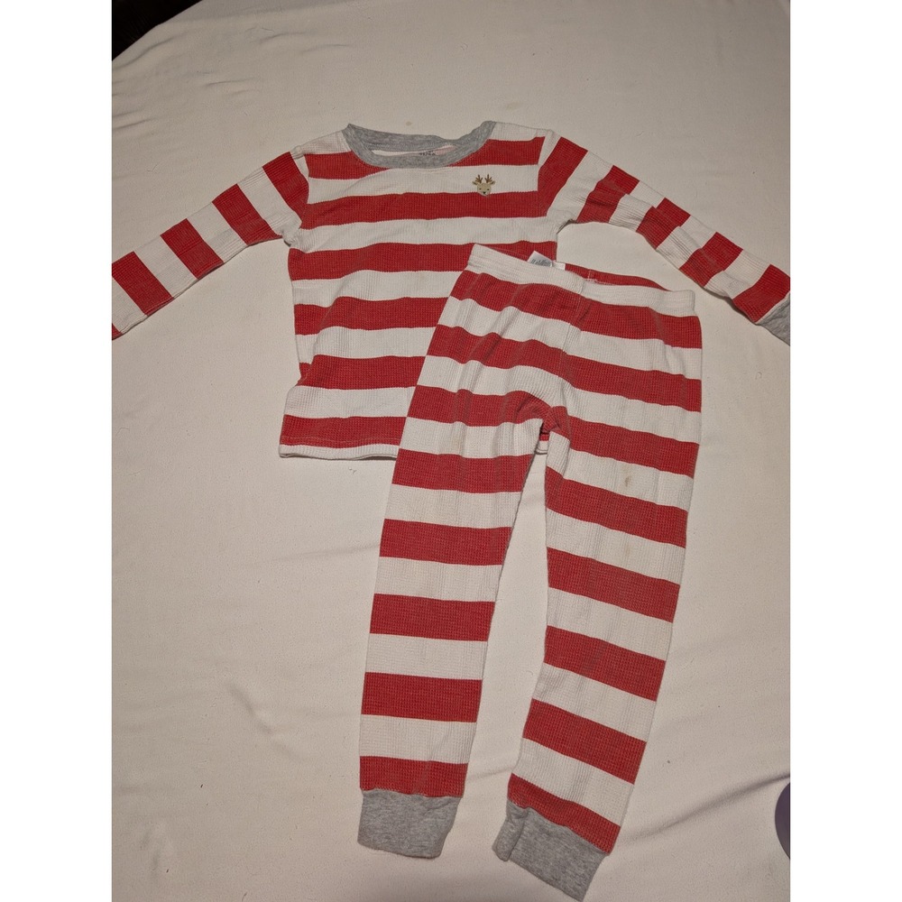 Carters Toddler Pajama Set 4T Red White Striped Waffle Knit Reindeer 2pc PJ Set